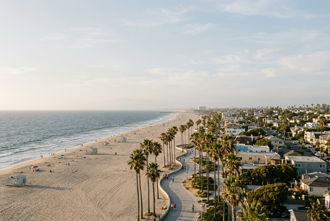 Tall palms along the Venice Beach promenade beside the Pacific Ocean in golden afternoon light